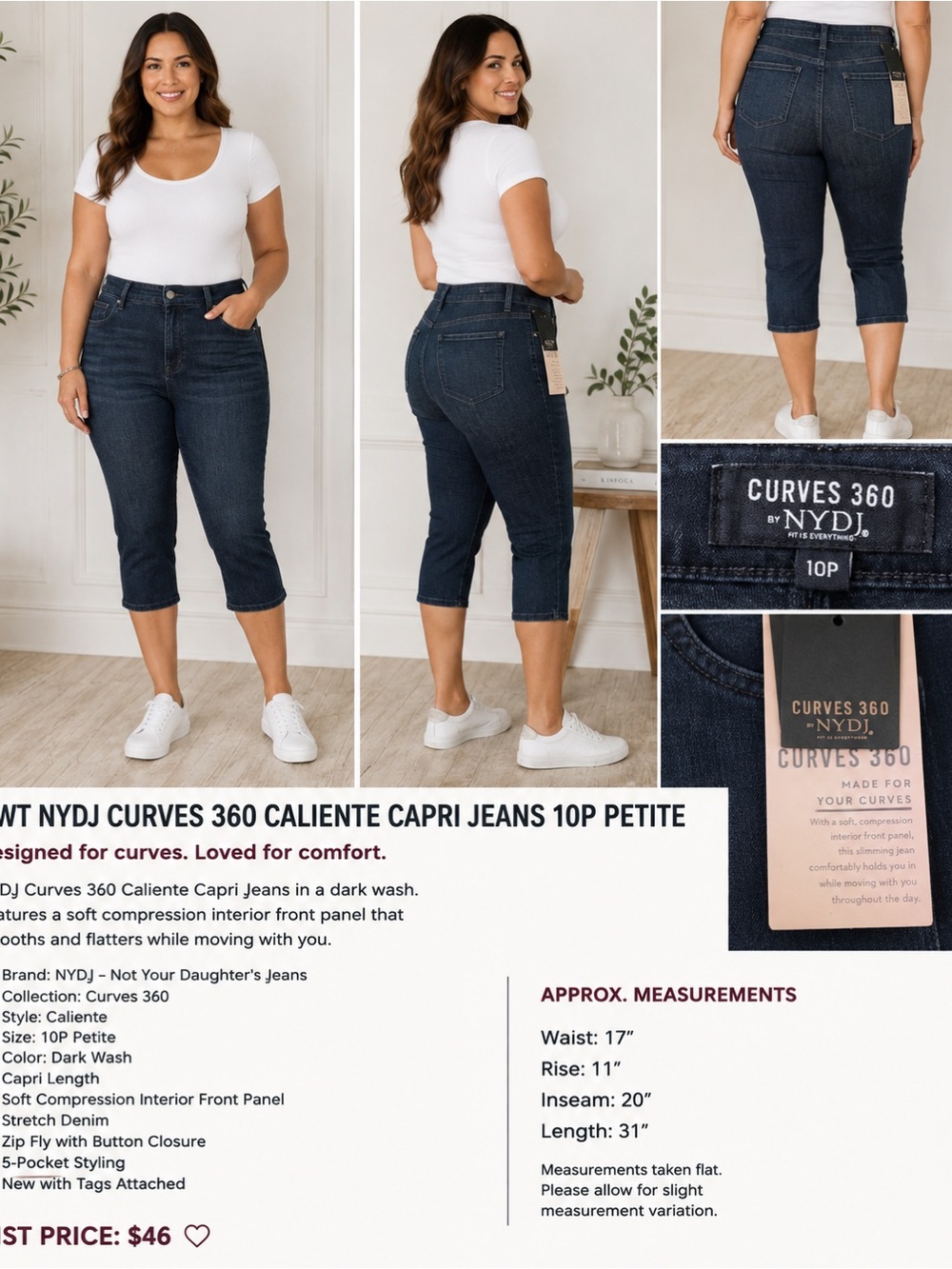 NWT NYDJ Curves 360 Caliente Capri Jeans 10P Petite Dark Wash